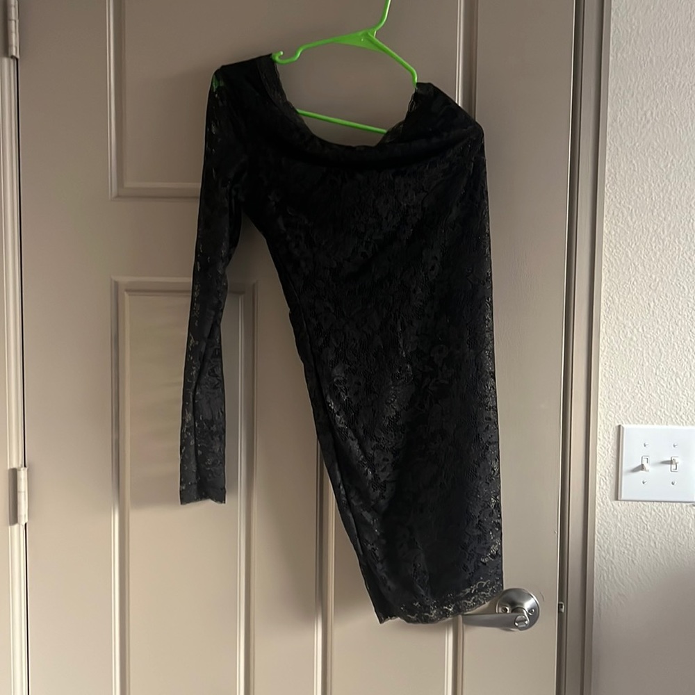 One Shoulder Black Flower Mesh Mini Dress